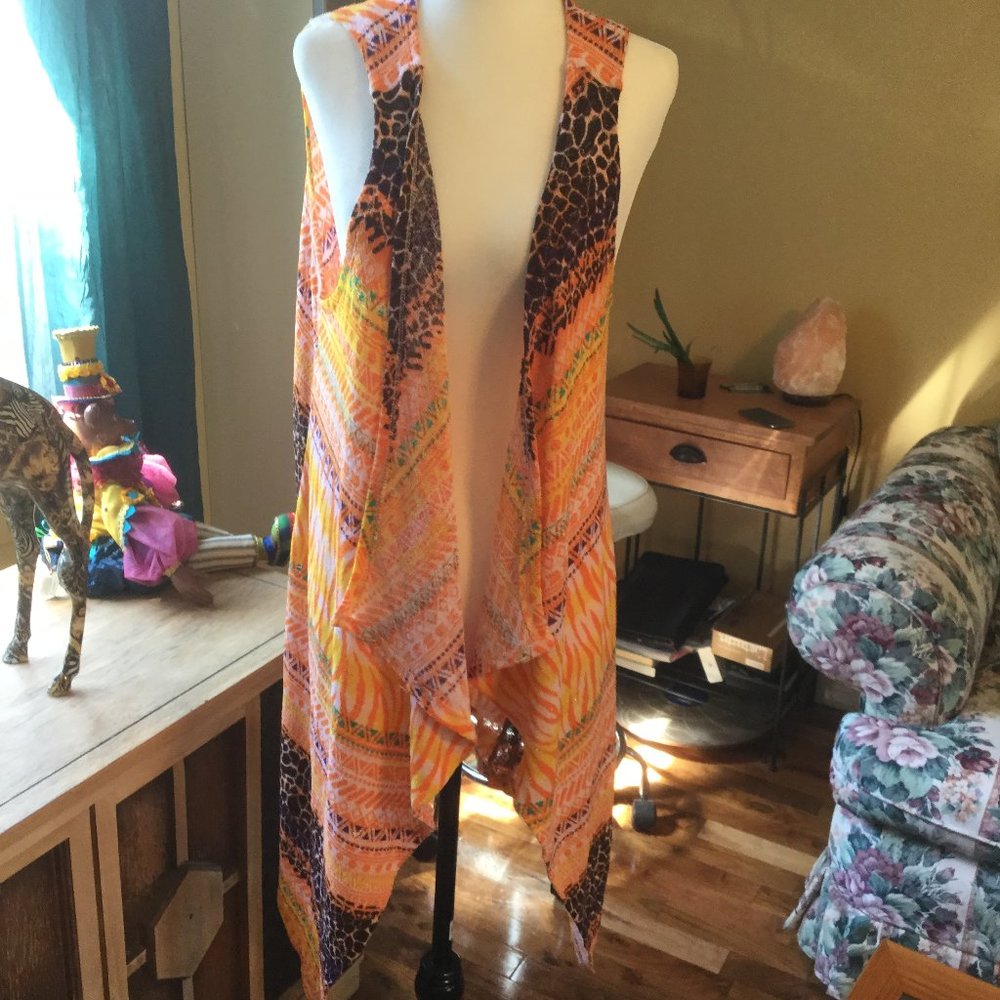 Open front longline waterfall front vest/ beach cover New size 1X colorful
